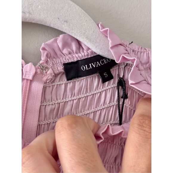 Olivaceous Smocked Tiered Ruffle Mini Dress Satin Pink Size Small NEW - Picture 6 of 8